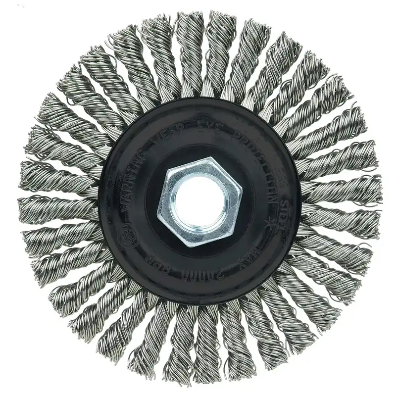 Weiler 36219 Wolverine Knot Wire Wheel, Stringer Bead Twist, 4 Inch x 3/16 Inch, 5/8 Inch -11 UNC, 0.020 Inch Stainless Steel Wire, 20000 RPM