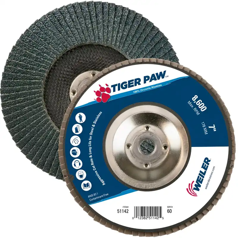 SK0287905-US20260702-105043-0 Weiler 51142 Tiger Paw Abrasive Flap Disc, Flat, 60 Grit, 7 inch - Image 1