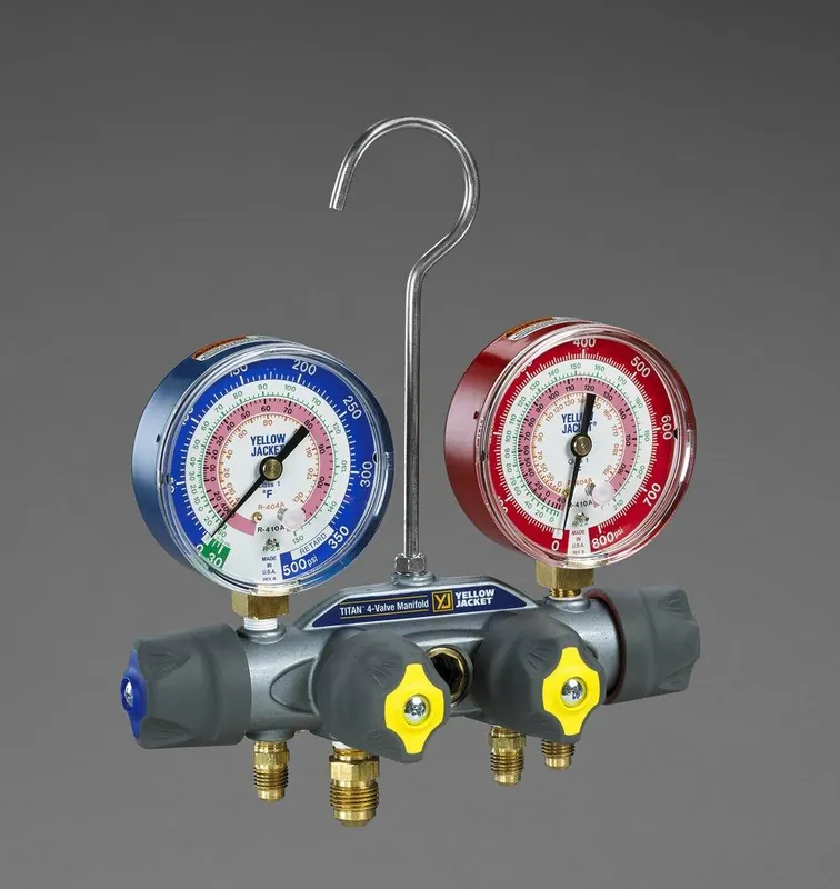Yellow Jacket 49963 Titan 4-Valve Test & Charge Manifold with 3-1/8 Inch Gauges - R32/R410A