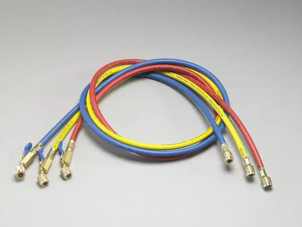 SK0312225-US20260702-105043-0 Yellow Jacket 29985 Plus II 60 in. 1/4 in. Hose Set R/Y/B with Compact Ball Valve End - Image 1