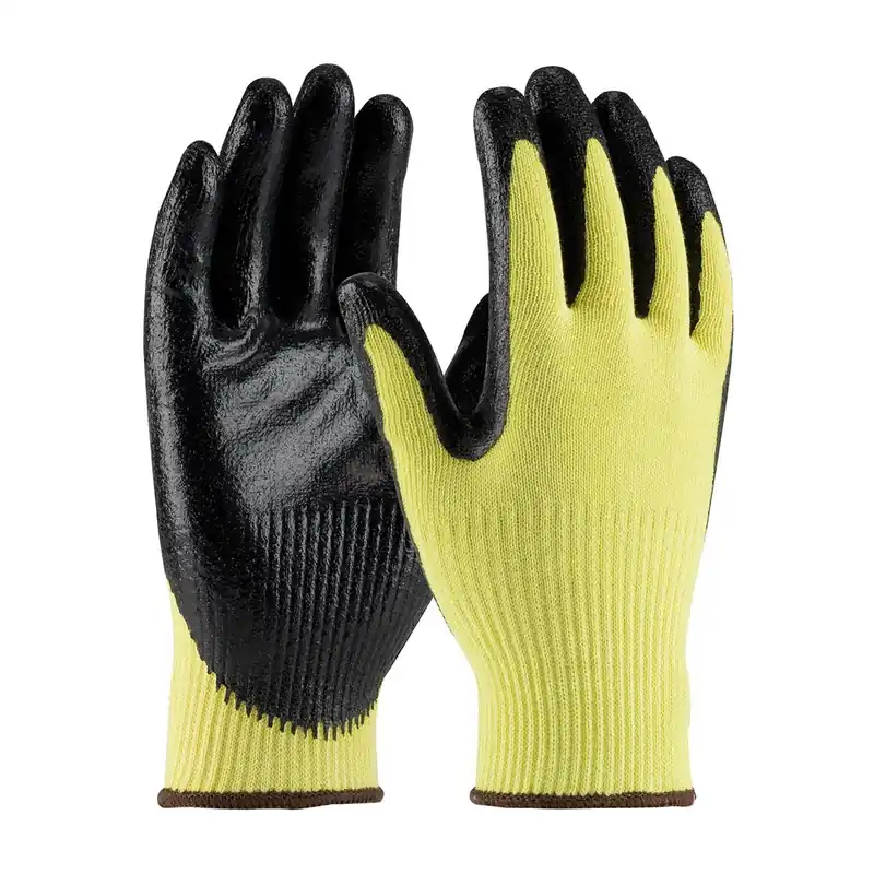 PIP 09-K1400/L G-Tek KEV, Yellow 10G Kevlar Shell, Black Nitrile Coat Smooth Grip, A2, Pack of 12 Pairs